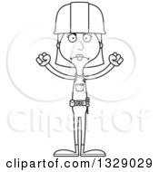 Lineart Clipart Of A Cartoon Black And White Angry Tall Skinny White Woman Construction Worker Royalty Free Outline Vector Illustration