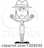 Lineart Clipart Of A Cartoon Black And White Angry Tall Skinny White Woman Detective Royalty Free Outline Vector Illustration