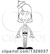 Lineart Clipart Of A Cartoon Black And White Happy Tall Skinny White Christmas Elf Woman Royalty Free Outline Vector Illustration