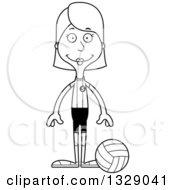 Lineart Clipart Of A Cartoon Black And White Happy Tall Skinny White Woman Volleyball Player Royalty Free Outline Vector Illustration