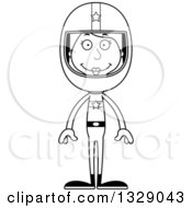 Lineart Clipart Of A Cartoon Black And White Happy Tall Skinny White Woman Race Car Driver Royalty Free Outline Vector Illustration