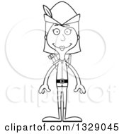 Lineart Clipart Of A Cartoon Black And White Happy Tall Skinny White Robin Hood Woman Royalty Free Outline Vector Illustration