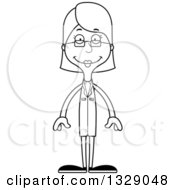 Lineart Clipart Of A Cartoon Black And White Happy Tall Skinny White Woman Scientist Royalty Free Outline Vector Illustration