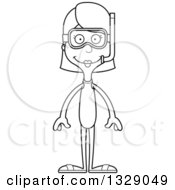 Lineart Clipart Of A Cartoon Black And White Happy Tall Skinny White Woman In Snorkel Gear Royalty Free Outline Vector Illustration