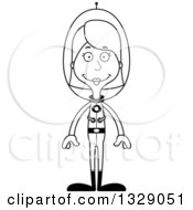 Lineart Clipart Of A Cartoon Black And White Happy Tall Skinny White Futuristic Space Woman Royalty Free Outline Vector Illustration