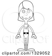 Lineart Clipart Of A Cartoon Black And White Happy Tall Skinny White Super Woman Royalty Free Outline Vector Illustration
