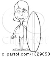 Lineart Clipart Of A Cartoon Black And White Happy Tall Skinny White Woman Surfer Royalty Free Outline Vector Illustration