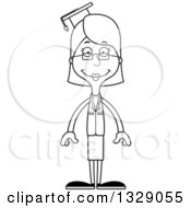 Lineart Clipart Of A Cartoon Black And White Happy Tall Skinny White Woman Professor Royalty Free Outline Vector Illustration