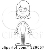 Lineart Clipart Of A Cartoon Black And White Happy Tall Skinny White Woman In Footie Pajamas Royalty Free Outline Vector Illustration