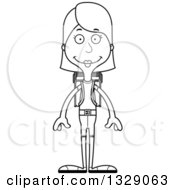 Lineart Clipart Of A Cartoon Black And White Happy Tall Skinny White Woman Hiker Royalty Free Outline Vector Illustration
