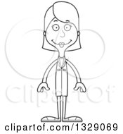 Lineart Clipart Of A Cartoon Black And White Happy Tall Skinny White Woman Doctor Royalty Free Outline Vector Illustration