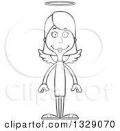 Lineart Clipart Of A Cartoon Black And White Happy Tall Skinny White Woman Angel Royalty Free Outline Vector Illustration