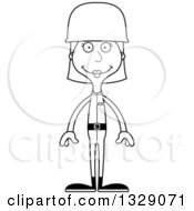 Lineart Clipart Of A Cartoon Black And White Happy Tall Skinny White Army Soldier Woman Royalty Free Outline Vector Illustration by Cory Thoman