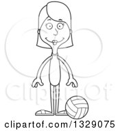 Lineart Clipart Of A Cartoon Black And White Happy Tall Skinny White Woman Beach Volleyball Player Royalty Free Outline Vector Illustration