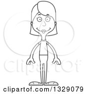 Lineart Clipart Of A Cartoon Black And White Happy Tall Skinny White Casual Woman Royalty Free Outline Vector Illustration by Cory Thoman