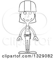 Lineart Clipart Of A Cartoon Black And White Happy Tall Skinny White Woman Construction Worker Royalty Free Outline Vector Illustration