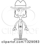 Lineart Clipart Of A Cartoon Black And White Happy Tall Skinny White Cowgirl Woman Royalty Free Outline Vector Illustration