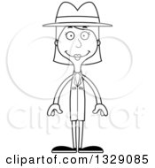 Lineart Clipart Of A Cartoon Black And White Happy Tall Skinny White Woman Detective Royalty Free Outline Vector Illustration