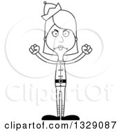Lineart Clipart Of A Cartoon Black And White Angry Tall Skinny White Christmas Elf Woman Royalty Free Outline Vector Illustration