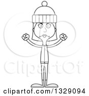 Lineart Clipart Of A Cartoon Black And White Angry Tall Skinny White Woman In Winter Clothes Royalty Free Outline Vector Illustration