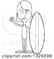 Lineart Clipart Of A Cartoon Black And White Angry Tall Skinny White Woman Surfer Royalty Free Outline Vector Illustration