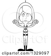 Lineart Clipart Of A Cartoon Black And White Angry Tall Skinny White Futuristic Space Woman Royalty Free Outline Vector Illustration