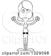Lineart Clipart Of A Cartoon Black And White Angry Tall Skinny White Super Woman Royalty Free Outline Vector Illustration