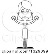 Lineart Clipart Of A Cartoon Black And White Angry Tall Skinny White Woman Scientist Royalty Free Outline Vector Illustration