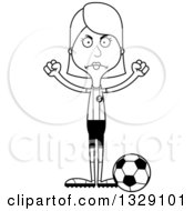 Lineart Clipart Of A Cartoon Black And White Angry Tall Skinny White Woman Soccer Player Royalty Free Outline Vector Illustration