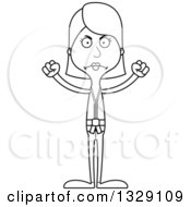 Lineart Clipart Of A Cartoon Black And White Angry Tall Skinny White Karate Woman Royalty Free Outline Vector Illustration