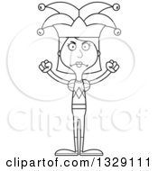 Lineart Clipart Of A Cartoon Black And White Angry Tall Skinny White Woman Jester Royalty Free Outline Vector Illustration