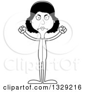 Lineart Clipart Of A Cartoon Black And White Angry Tall Skinny Black Woman In Footie Pajamas Royalty Free Outline Vector Illustration