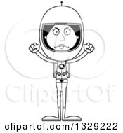 Lineart Clipart Of A Cartoon Black And White Angry Tall Skinny Black Woman Astronaut Royalty Free Outline Vector Illustration