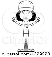Lineart Clipart Of A Cartoon Black And White Angry Tall Skinny Black Woman Baseball Player Royalty Free Outline Vector Illustration