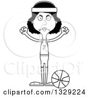 Lineart Clipart Of A Cartoon Black And White Angry Tall Skinny Black Woman Basketball Player Royalty Free Outline Vector Illustration