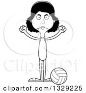 Lineart Clipart Of A Cartoon Black And White Angry Tall Skinny Black Woman Beach Volleyball Player Royalty Free Outline Vector Illustration