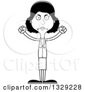 Lineart Clipart Of A Cartoon Black And White Angry Tall Skinny Black Business Woman Royalty Free Outline Vector Illustration