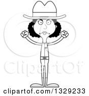 Lineart Clipart Of A Cartoon Black And White Angry Tall Skinny Black Cowgirl Woman Royalty Free Outline Vector Illustration