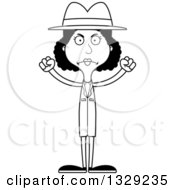 Lineart Clipart Of A Cartoon Black And White Angry Tall Skinny Black Woman Detective Royalty Free Outline Vector Illustration