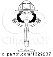 Lineart Clipart Of A Cartoon Black And White Angry Tall Skinny Black Woman Firefighter Royalty Free Outline Vector Illustration