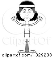 Lineart Clipart Of A Cartoon Black And White Angry Tall Skinny Black Fit Woman Royalty Free Outline Vector Illustration