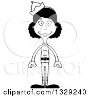Lineart Clipart Of A Cartoon Black And White Happy Tall Skinny Black Christmas Elf Woman Royalty Free Outline Vector Illustration