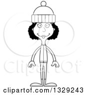 Lineart Clipart Of A Cartoon Black And White Happy Tall Skinny Black Woman In Winter Clothes Royalty Free Outline Vector Illustration