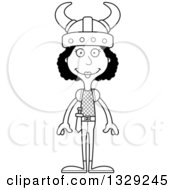 Lineart Clipart Of A Cartoon Black And White Happy Tall Skinny Black Viking Woman Royalty Free Outline Vector Illustration