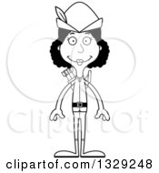 Lineart Clipart Of A Cartoon Black And White Happy Tall Skinny Black Robin Hood Woman Royalty Free Outline Vector Illustration