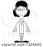 Lineart Clipart Of A Cartoon Black And White Happy Tall Skinny Black Woman Scientist Royalty Free Outline Vector Illustration