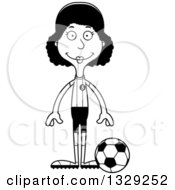 Lineart Clipart Of A Cartoon Black And White Happy Tall Skinny Black Woman Soccer Player Royalty Free Outline Vector Illustration