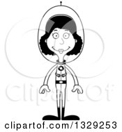 Lineart Clipart Of A Cartoon Black And White Happy Tall Skinny Black Futuristic Space Woman Royalty Free Outline Vector Illustration