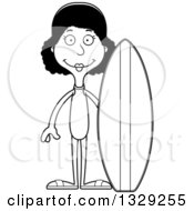 Lineart Clipart Of A Cartoon Black And White Happy Tall Skinny Black Surfer Woman Royalty Free Outline Vector Illustration