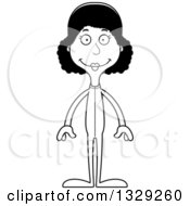 Lineart Clipart Of A Cartoon Black And White Happy Tall Skinny Black Woman In Footie Pajamas Royalty Free Outline Vector Illustration